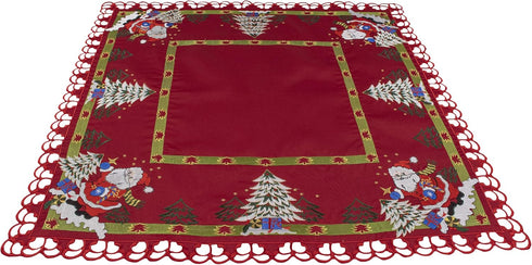 Embroidered Christmas Holiday Santa Claus and Christmas Trees Doily Table Topper, 33 Inches Square, Red