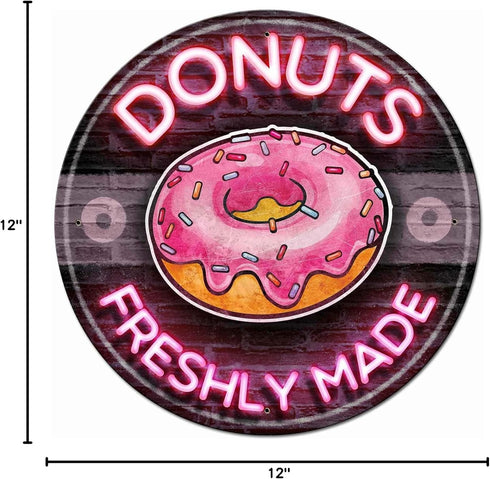 Lenrius Vintage Donuts Freshly Made Round Tin Sign, 12x12 in, Home Kitchen Coffee Office Art, Pink
