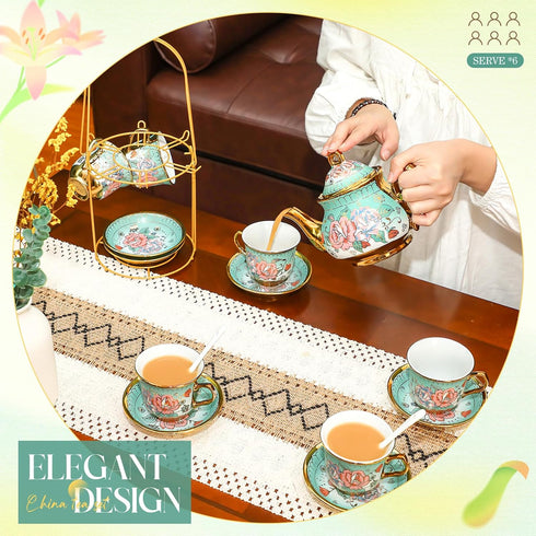20 Set Set 6 Pcs Porcelain Tea for Adults with Metal Holder and Spoon European Ceramic Tea Party Flower Painting Teapot