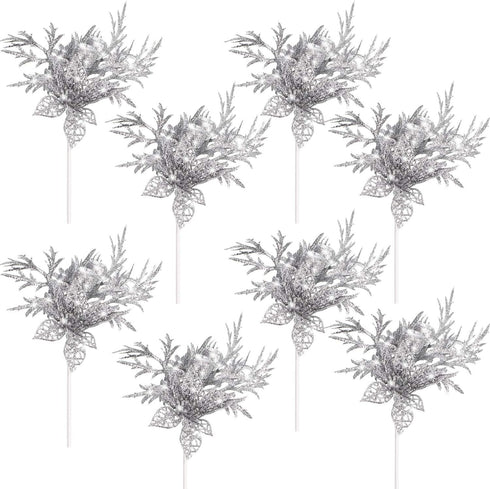 Gejoy 8 Pcs Christmas Tree Picks with Glitter, Faux Flower, Artificial Leaves, 7.8 Inch, Silver for Holiday Decor