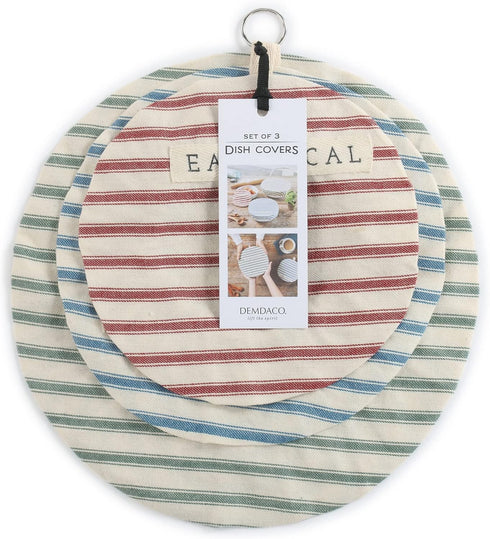 DEMDACO Homemade Striped Cotton Linen Fabric Plate Serving Dish Covers, Set of 3, 11 x 11