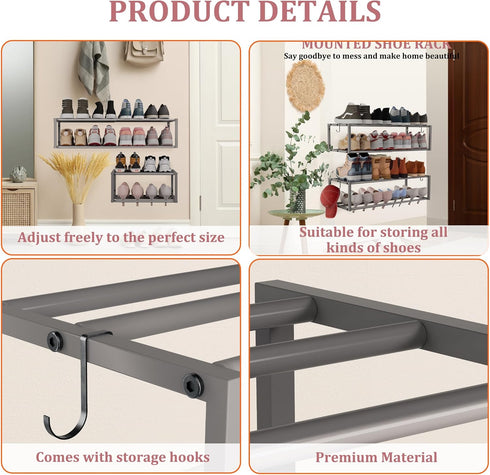 17"-31" 8 2 Closet Expandable Wall Mounted Shoe Rack, Adjustable Hanging Shoe Rack Holds Pairs, Heavy Duty Metal Shoe