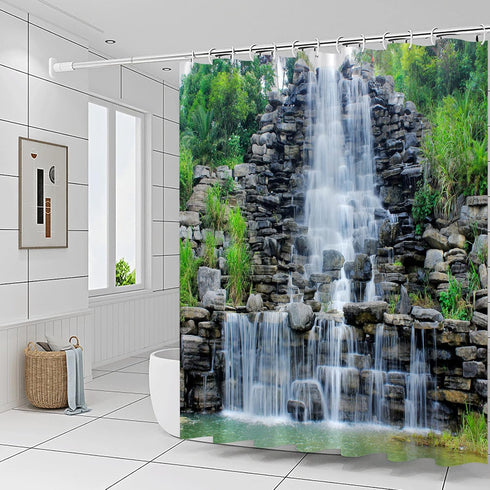 Waterfalls Shower Curtains - Stone Rockery Landscapes Spring Green Plant Courtyard Bathroom Decor 70 x 70 Inch with