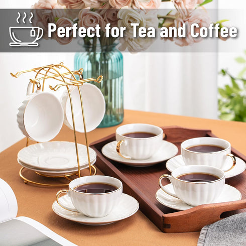 7 oz Set 6, Set BTaT- Cappuccino Cups with Saucers with Gift Box, of White Porcelain Coffee Cup and Saucer for Latte