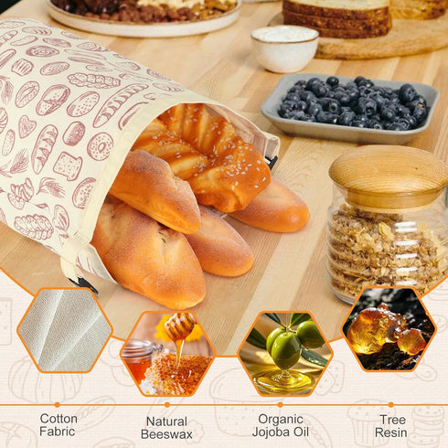 2 PACK Fresh,13''17'', 03 Beeswax Sourdough Bread Bags for Homemade Bread, Reusable Cotton Beeswax Bread Bag Portable