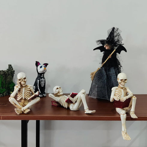 GJFASGF 3 Psc Reading Skeleton Statue Gothic Horror Decor for Bookshelf and Desk Resin Figurine Halloween Decoration