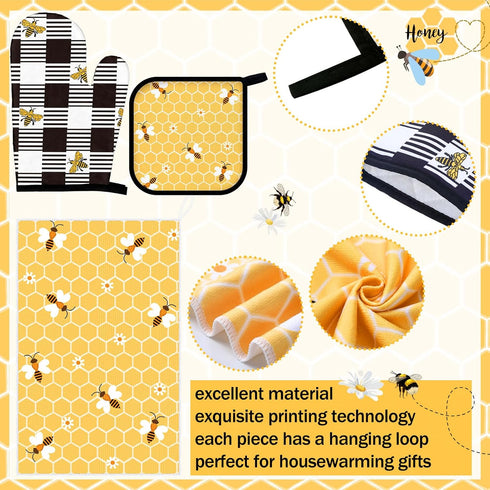 Leinuosen 8 Sets Sets Pcs Yellow Bee Kitchen Towels and Dishcloths Oven Mitts and Pot Holders Absorbent Kitchen Gloves