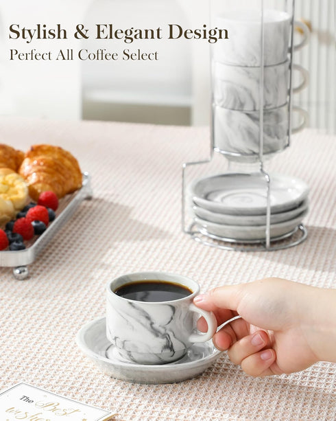 4 OZ Set 4, Set MALACASA Porcelain Espresso Cups with Saucers and Metal Stand of Stackable Cappuccino Cups, Marble Gray