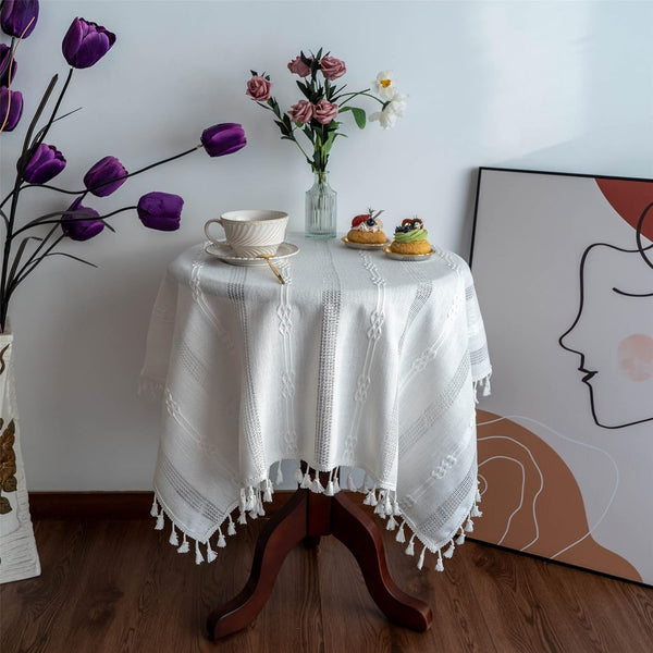 Gernaice Rustic Stripe Embroidered Tablecloth Heavy Small Square Tassel Cotton Linen Table Cloth