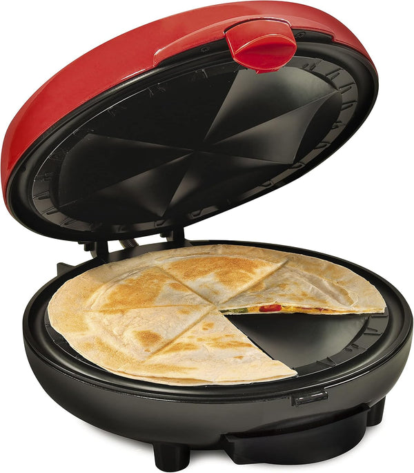 Taco Tuesday Deluxe Electric Quesadilla Maker, 8-Inch 6-Wedge Design with Extra Stuffing Latch, Red