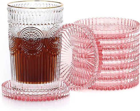 JUXYES 8 Pack Clear Pink Crystal Coasters Round Cup Mat, Glass Coasters for