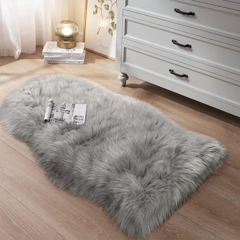 Small Faux Fur Rug, 2x4 ft Ultra Soft Sheepskin Chair Sofa Cover, Grey Fluffy Shag Rug for Bedroom Nursery Kids Room