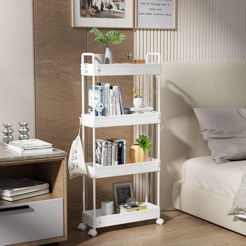 SOLEJAZZ Slim Storage Cart, 4 Tier Bathroom Organizer, Rolling Utility Cart for Kitchen, Laundry, White