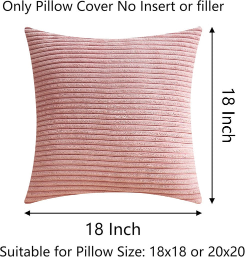 Demetex 18x18 Pink Striped Corduroy Pillow Covers, Decorative Square Throw Pillowcases, Set of 2, Light Pink