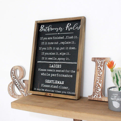 Rustic Bathroom Rules Sign – Funny Farmhouse Toilet Wall Decor – Wood Framed Wall Art Decorations (11.8x15.8in) (black)
