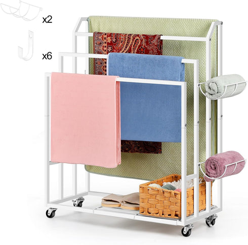 6 Freestanding Towel Rack for Bathroom Rolling Towel Storage Cart On Wheels Blanket Ladder with Shelf & Hooks, Outddoor