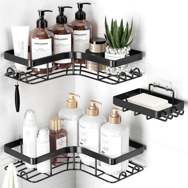 Sakugi Corner Shower Caddy - 3-Pack Shower Organizer with Soap Holder &
