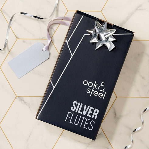 Oak & Steel 4 Silver Stainless Steel Champagne Flutes with Gift Box, 284 ml - Elegant & Unbreakable for Outdoor Parties