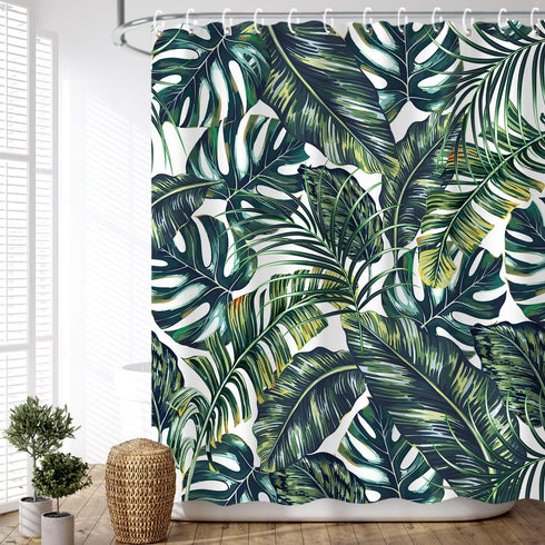 LIVILAN Green Plant Shower Curtain - Botanical Leaf Pattern, 72X72 inches with 12 Hooks