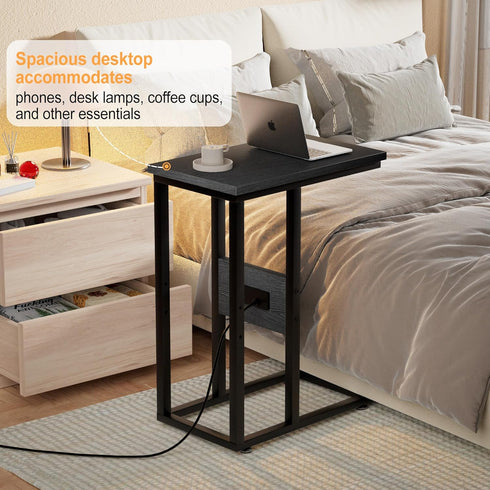 1 Set,Black VECELO C Shaped End Table with Charging Station & Power Outlets, Quick Access Side Table for Sofa, C