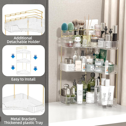 Countertop 3 Countertop Makeup Organizer Tier, Corner Bathroom Organizer with Toothbrush and Makeup Brush Holder