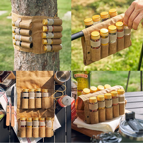 MONGPIENS 9 Camping Spice kit with spice Jar,rope,Spice Labels Sticker,Silicone Collapsible Funnel, Canvas Travel