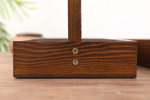 Wood Entryway Tabletop Key Holder Rack, Rustic Burnt Decorative Organizer with Storage Tray and Brass Tone Hooks