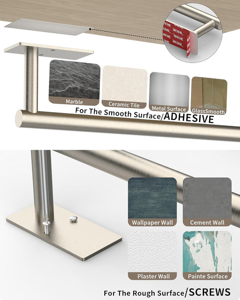 Paper Towel Holder Under Cabinet, SUS304 Stainless Steel, Self Adhesive or Wall Mounted (2 Towel Hooks, Silver)