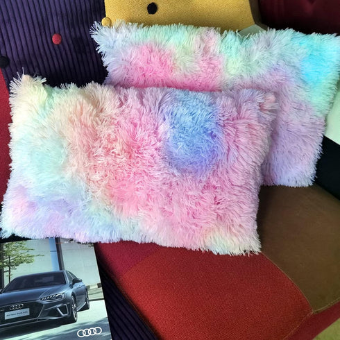 Soft Faux Fur Throw Pillow Covers, Pack of 2 Peach Blush Plush Tie Dye Pink Cushion Cases for Sofa