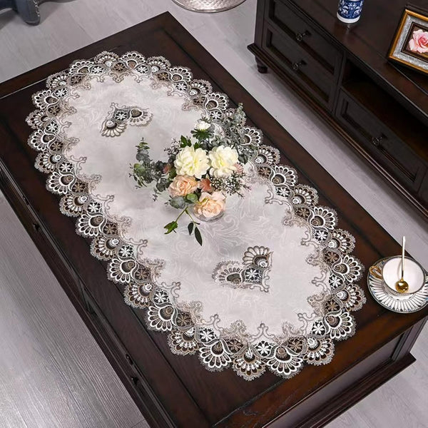 ZMNSZBD Beige Embroidered Lace Tablecloth Lace Coffee Table Cover Oval Hollow Fabric Tablecloth,