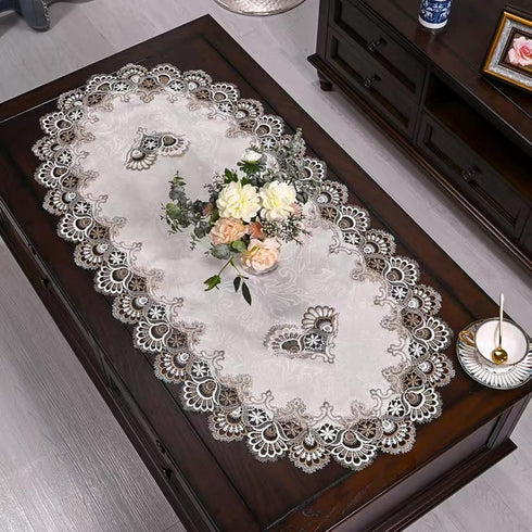 ZMNSZBD Beige Embroidered Lace Tablecloth Lace Coffee Table Cover Oval Hollow Fabric Tablecloth,