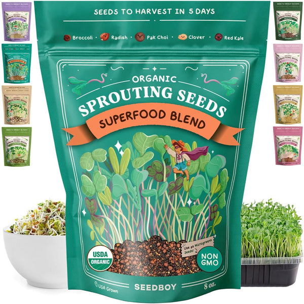 Seedboy Organic Non-GMO Sprouting Seeds, Superfood Blend - USA Grown Microgreens Mix