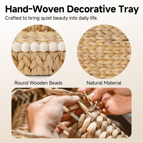 Counter, StorageWorks Rectangle Decorative Trays for Home Decor Farmhouse, Wicker Coffee Table Tray Decor with Wooden