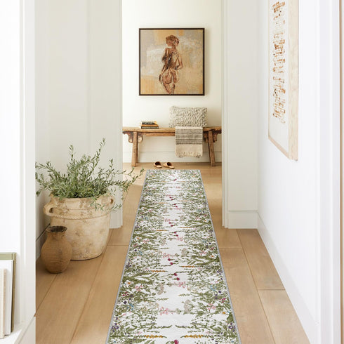 2x10 Artoid Mode Antique Herbs and Wild Floral Runner Rug, Spring Home Decor Low-Profile Non-Slip Washable Area Rug
