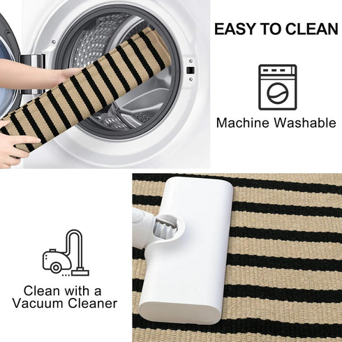 Black and Tan Outdoor Rug, 2x4.3 Striped Hand-Woven Entryway Mats, Reversible Layered Doormat