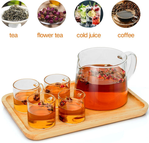 Glass Teapot 34oz/1000ml with 4 Pack Tea Cups Gift Set, Removable Stainless Steel Infuser, Heatproof Borosilicate Glass