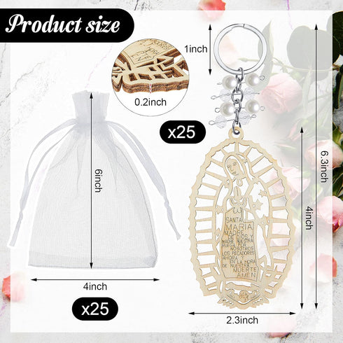 Hicarer Baptism Our Lady of Guadalupe Wood Design Keychain with Organza Gift Bags for Baptism