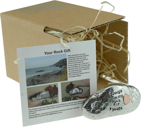 Solid 7th Anniversary Metal Rock Gift - You've Been My Rock for 7 Years with Copper Heart Inset