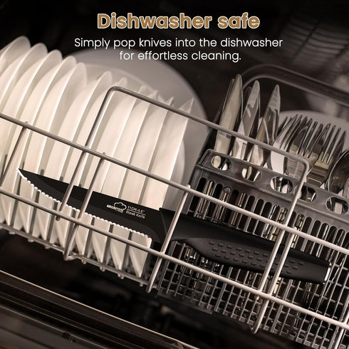 Set of 8 Stainless Steel Steak Knives, Serrated and Dishwasher Safe, Elegant Black Design