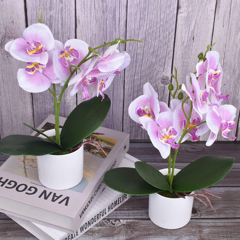 XONOR 2 Pieces Artificial Orchid Flowers, Potted Fake Orchids with Plastic Vase for Home Decor, Office, Wedding