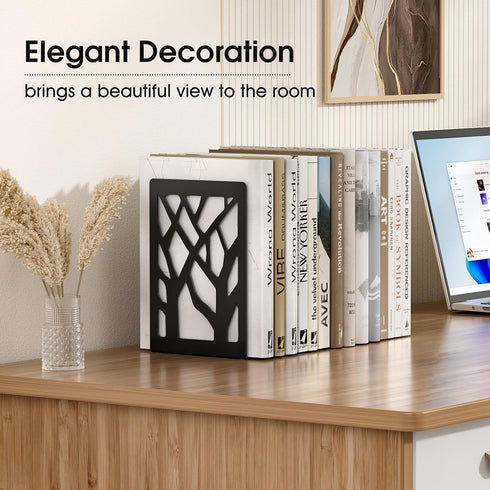 7 4.7 3.5, Black,2 Pair/4 MaxGear Book Ends Tree Design Modern Bookends for Shelves, Non-Skid Book Holder, Heavy Duty