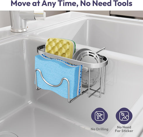 SWTYMIKI Sponge Holder for Kitchen Sink - Movable Kitchen Caddy with M Shape Hook, Stainless Steel Hanging Sponge Caddy