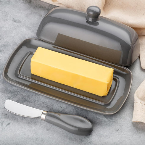 Countertop Zulay Butter Dish With Lid For - Porcelain Gray, Ceramic Butter Dish with Knob Handle Great for Cooking