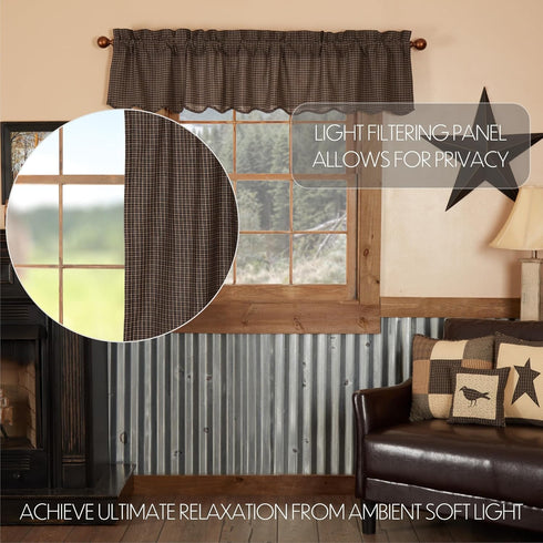 VHC Brands Kettle Grove Window Curtain, Plaid Valance Scalloped, Black, 16x72