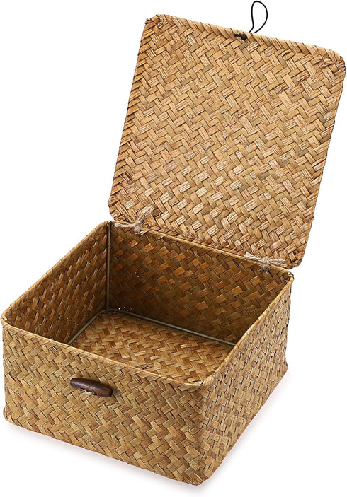 Hipiwe Wicker Shelf Basket Bin with Lid Square Handwoven Seagrass Box Decorative Household Storage Container