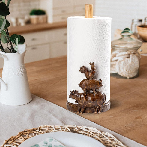Polytree Countertop Farm Animals (Cow, Pig and Rooster) Paper Towel Holder Stand with Decoration, Hand-Carved Wood