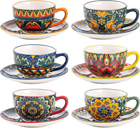 Henten Home 8.5 oz Cappuccino Cup and Saucers Set, Ceramic Coffee Cup