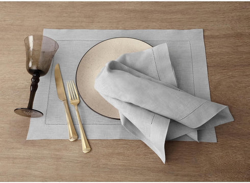 Solino Home Linen Napkins Set of 4 - Classic Hemstitch 100% Pure Linen Soft Grey Dinner Napkins, 20 x 20 Inch