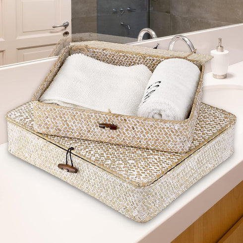 Hipiwe Set 2 of Flat Woven Wicker Storage Bins with Lid Natural Seagrass Basket Boxes Multipurpose Home Organizer Bins