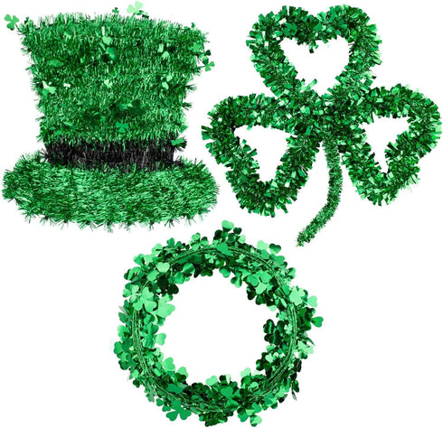 Whaline 3 Pack St. Patrick’s Day Green Tinsel Garland with Shamrock Wreath, Wire Garland, Leprechaun Hat